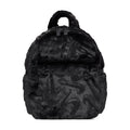 Black faux fur mini backpack with top handle and front zip pocket.