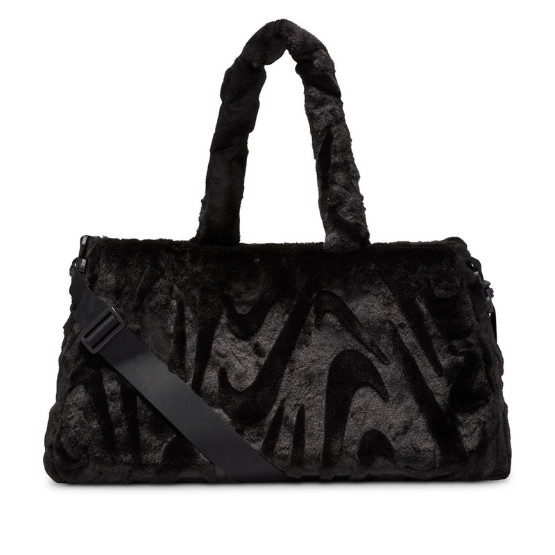 Black faux fur tote bag front view with diagonal strap and top handles