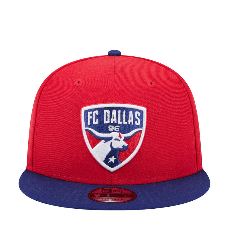 FC Dallas two-tone cap with red crown, blue brim, and front shield logo