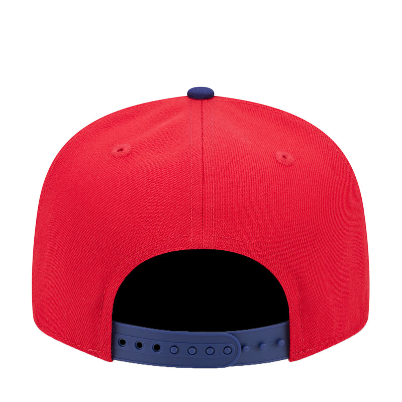 FC Dallas two-tone cap with red crown and blue underbrim, adjustable snapback