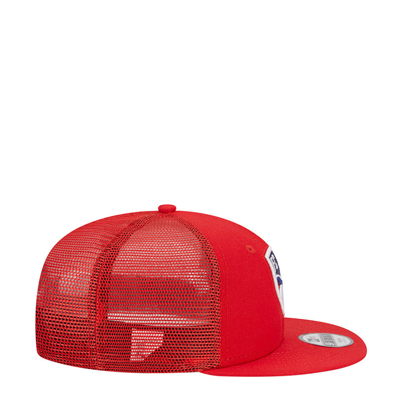 Youth red trucker cap with FC Dallas patch on side and mesh back