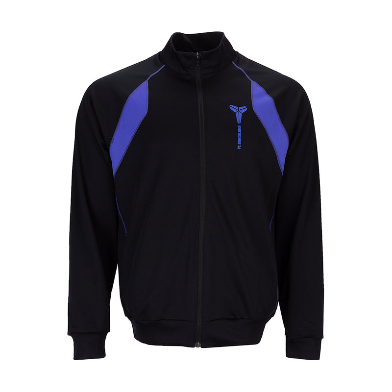 Men's black zip track jacket with purple side panels and stand collar logo