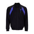 Men's black zip track jacket with purple side panels and stand collar logo