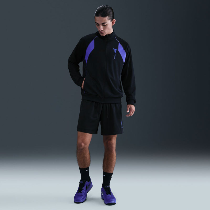 Men's black zip track jacket with purple stripes and stand collar logo
