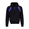 Men's black hoodie with purple raglan panels, drawstring hood, kangaroo pocket.