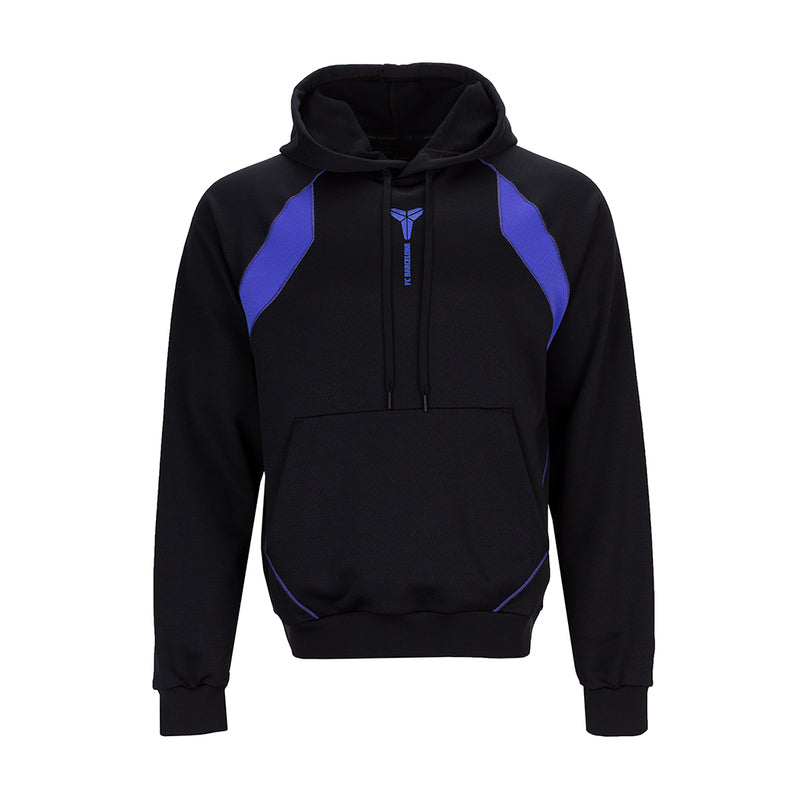 Men's black hoodie with purple raglan panels, drawstring hood, kangaroo pocket.