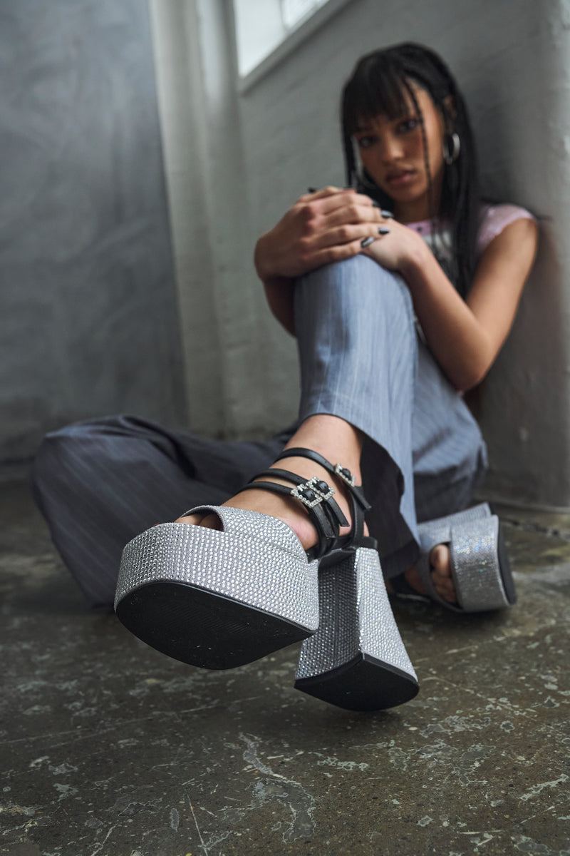 Model with Felicity Crystal Strappy Heels- Silver - Model