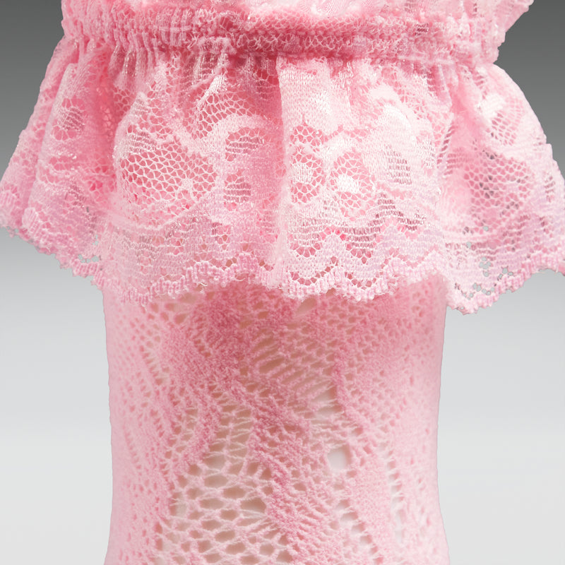 Close-up of a pink lace garment on a gray background