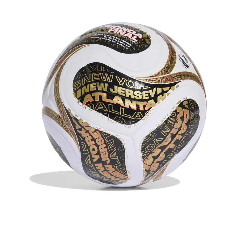 White soccer ball with gold and black typography-style graphics, FIFA logo