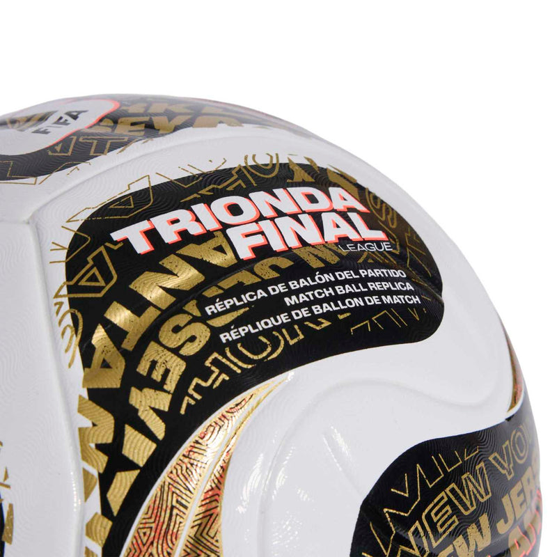 Trionda Finals league soccer ball with white panels and gold/black text print