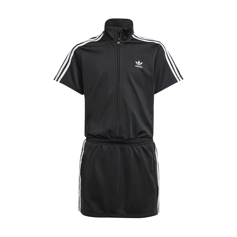 Youth black zip-front athletic dress with short sleeves and white triple stripe accents