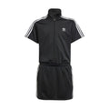 Youth black zip-front athletic dress with short sleeves and white triple stripe accents