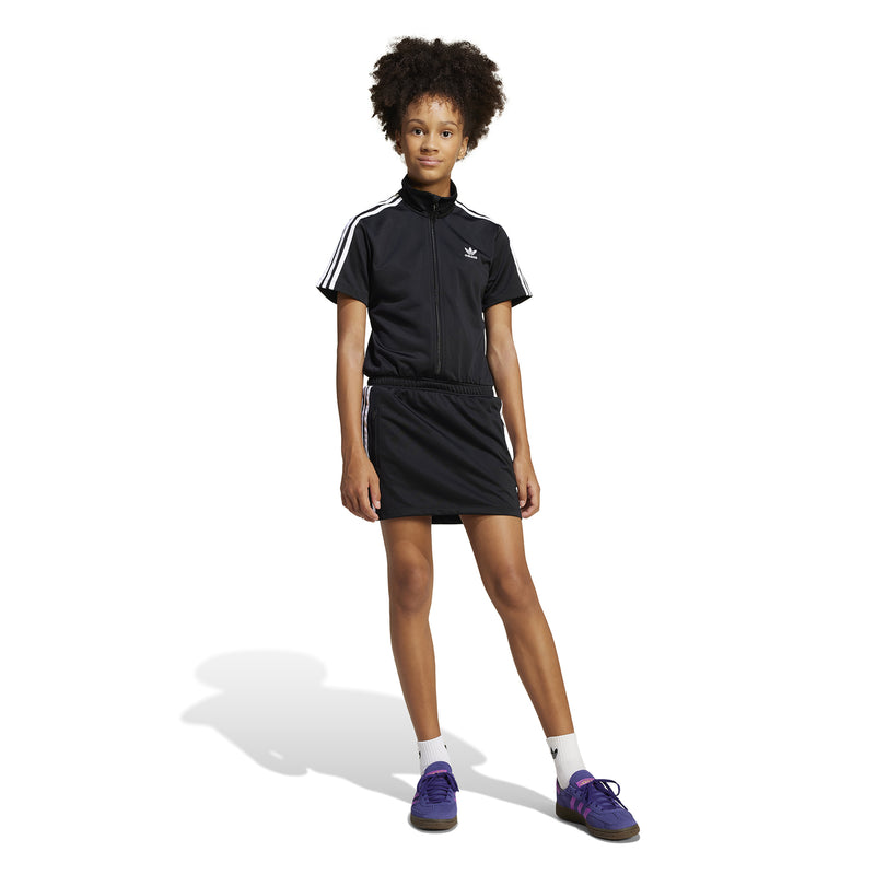 Youth black athletic dress with front zip, short sleeves, and white side stripe