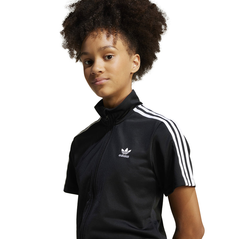 Youth black zip-collar athletic dress with white sleeve stripes and small adidas logo