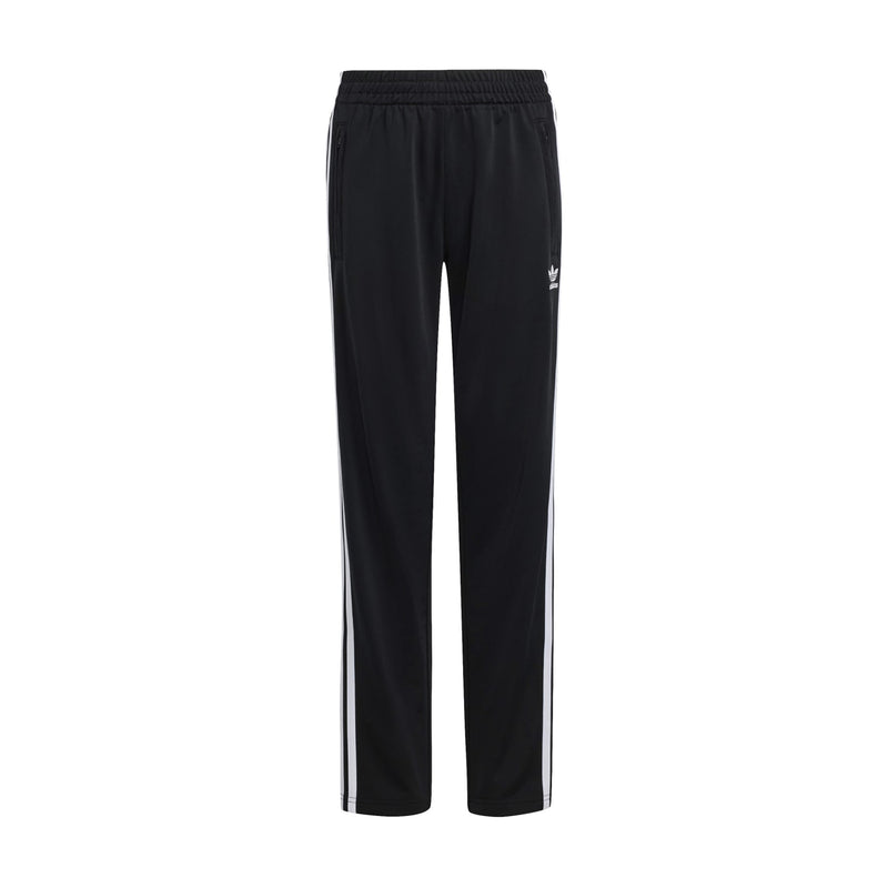 Youth black track pants with elastic waistband and white side stripes