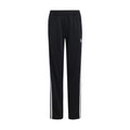 Youth black track pants with elastic waistband and white side stripes