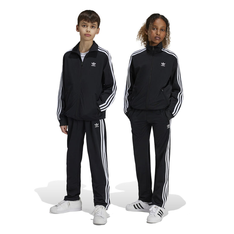 Youth black track pants with full-length white stripe detailing on the legs