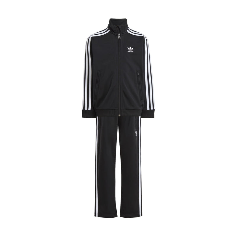 Kids black zip-up track jacket and track pants set with white triple stripes and logo