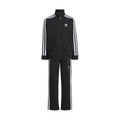 Kids black zip-up track jacket and track pants set with white triple stripes and logo