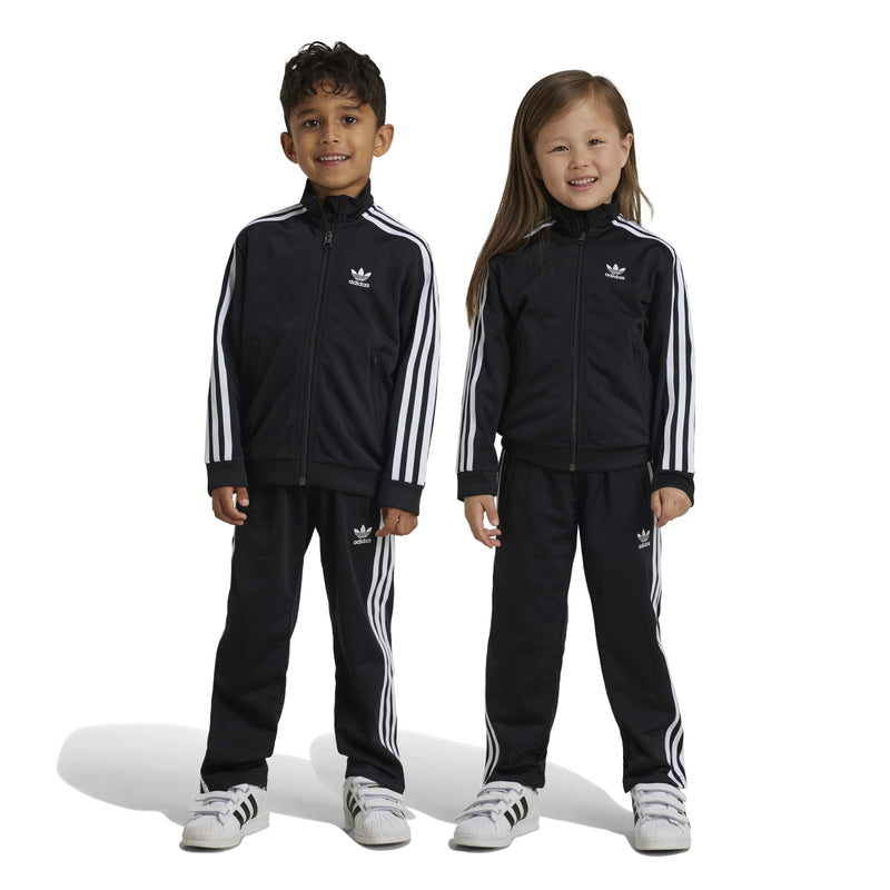 Kids black track set with white side stripes, zip jacket and matching pants