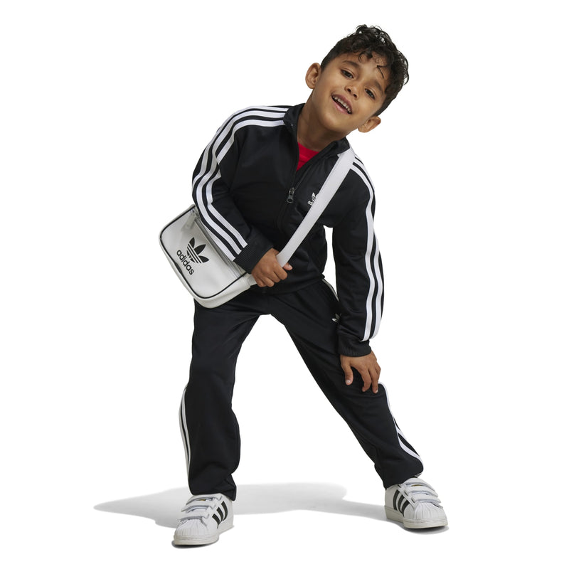 Kids black track set with white stripes: zip jacket, pants, and crossbody bag
