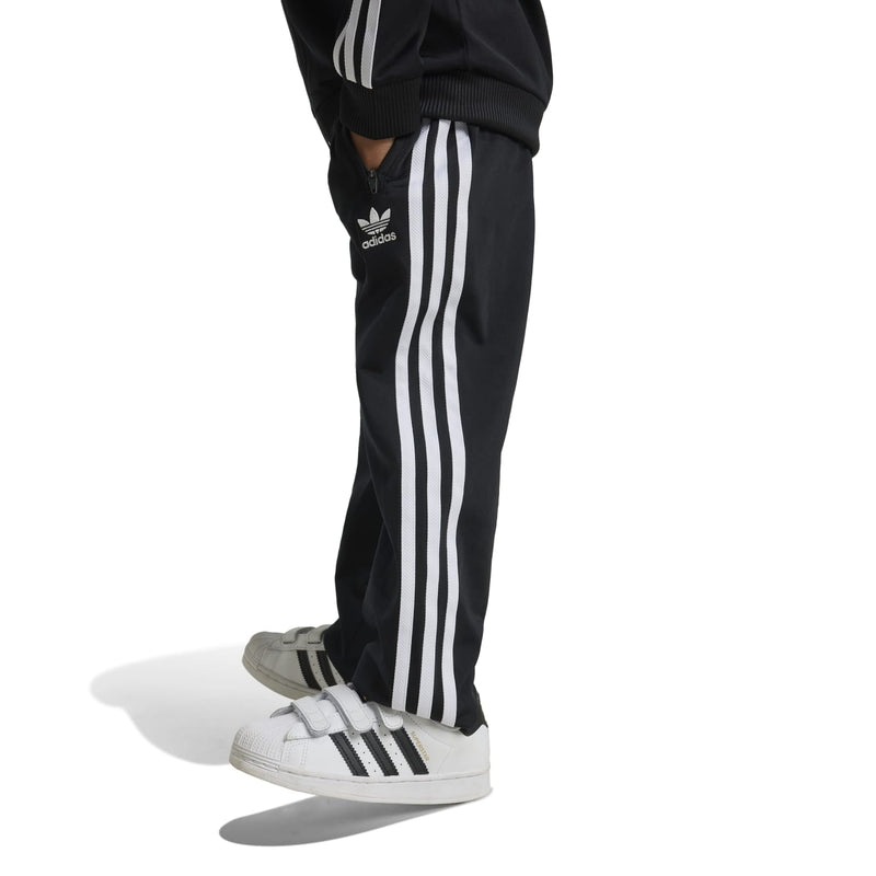 Kids black track pants with white vertical stripes and ribbed cuffs