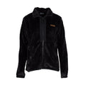 Women's black full-zip fleece jacket with stand collar and zippered chest pocket