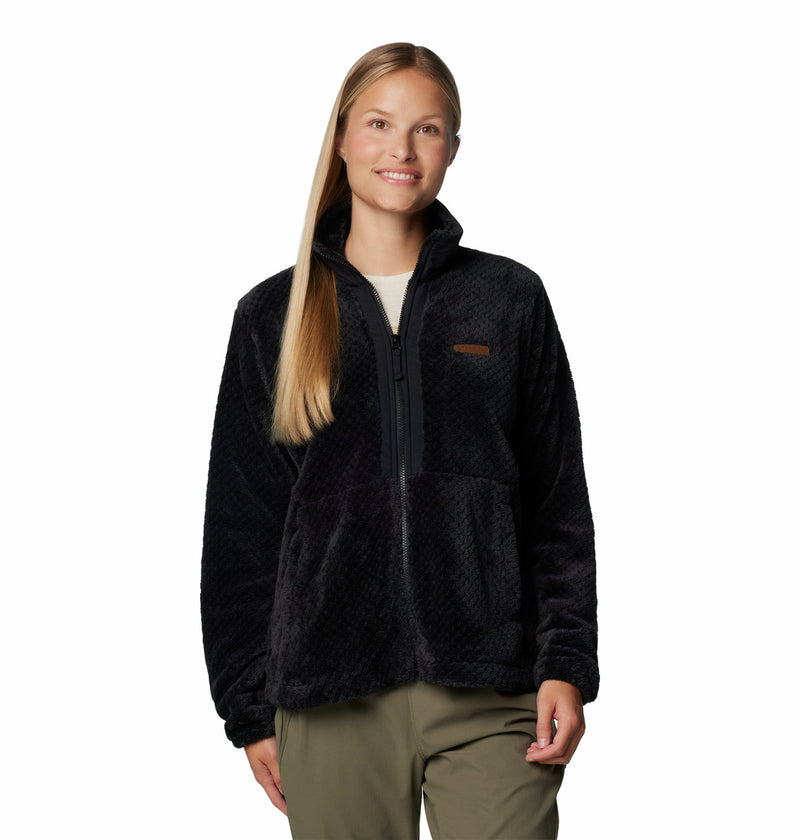 Women's black full-zip fleece jacket with stand collar, chest pocket, and side profile