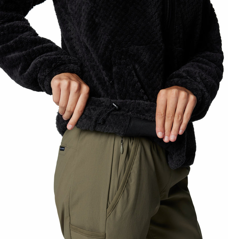 Women's black full-zip fleece jacket sleeve and hem detail with side zipper pocket