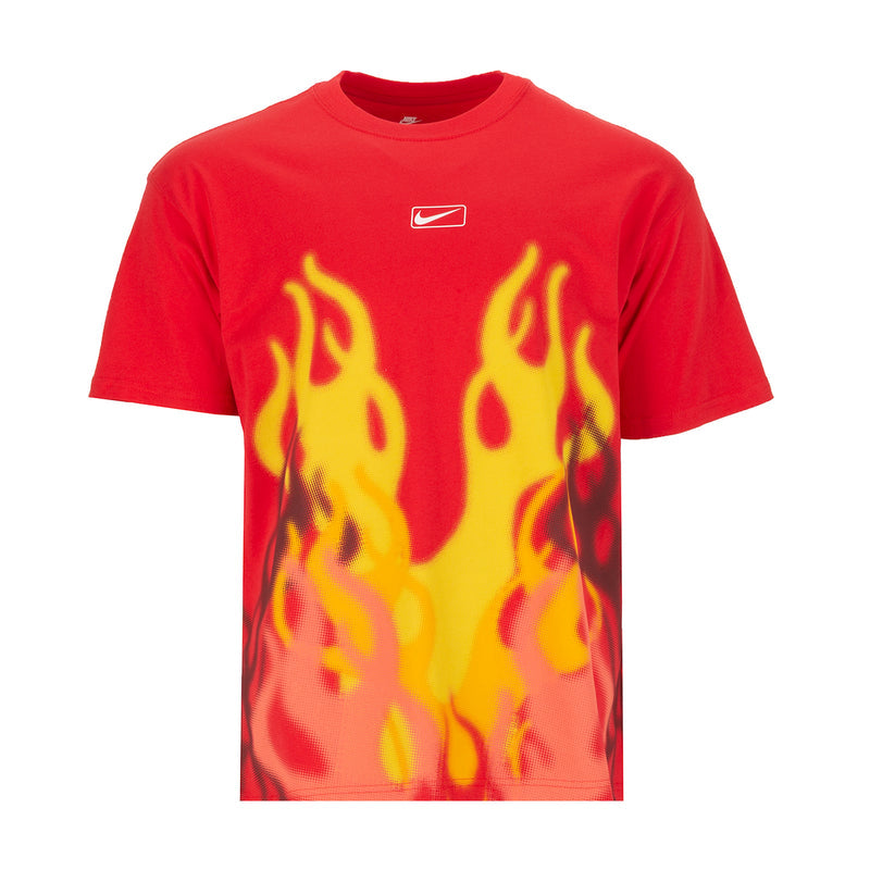 Men's red crew-neck T-shirt with yellow flame graphic on the front