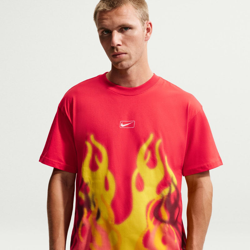 Men's red short-sleeve T-shirt with yellow flame print and small chest logo