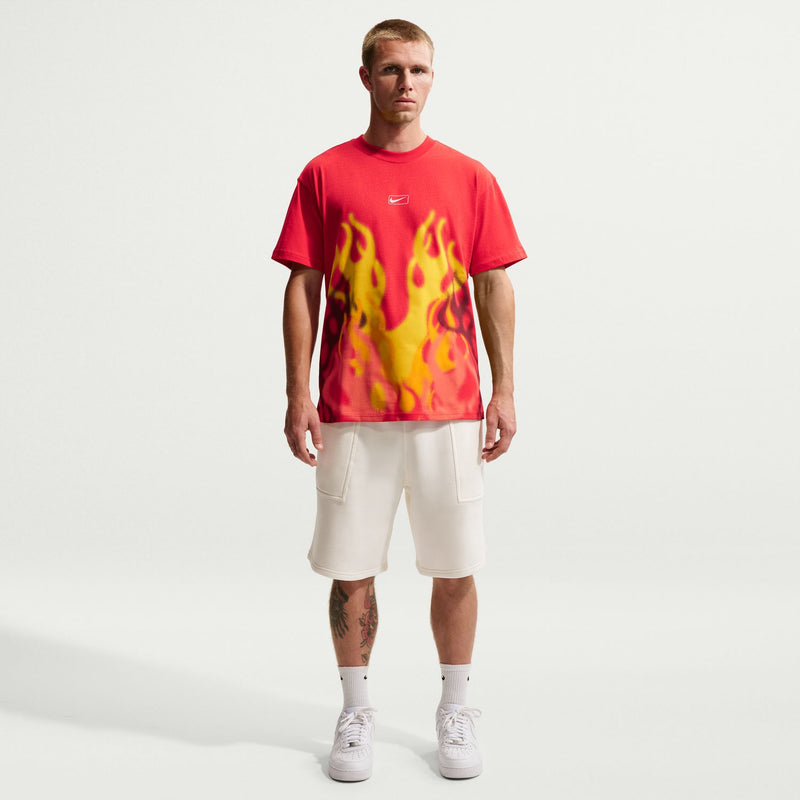 Men's red flame-print T-shirt shown full-length with short sleeves