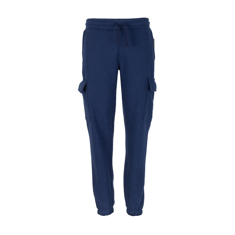 Youth navy fleece cargo pants with drawstring waist and side cargo pockets