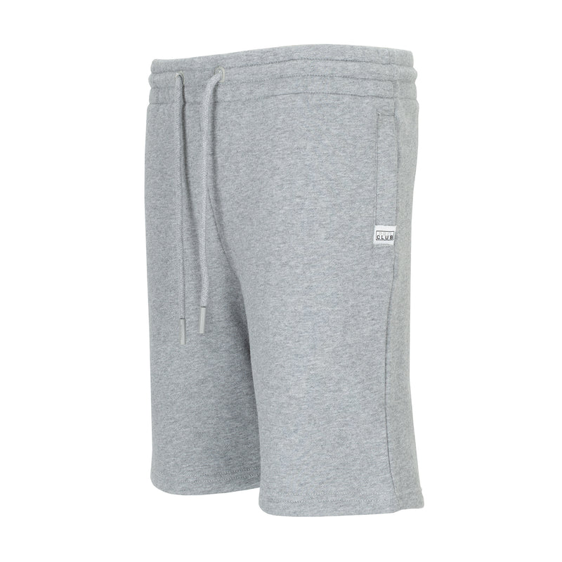 Youth heather grey fleece sweat shorts, side view, drawstring and pockets