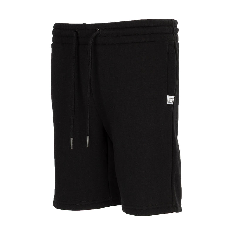 Youth black fleece oversized sweat shorts, side view with drawstring and pocket