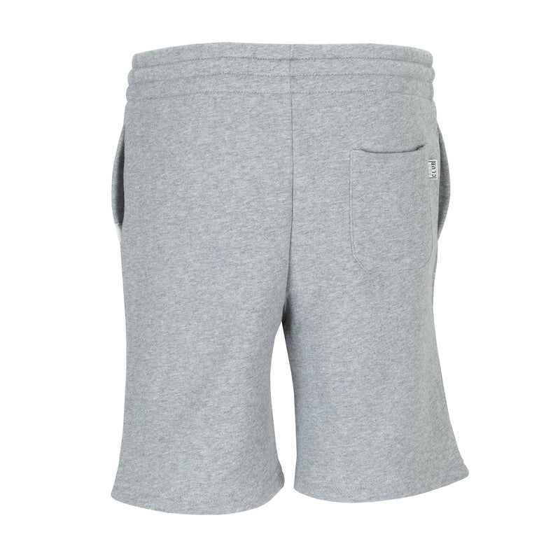 Youth heather grey fleece sweat shorts, back view with patch pocket