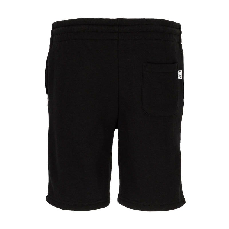 Youth black fleece oversized sweat shorts, back view with side pocket