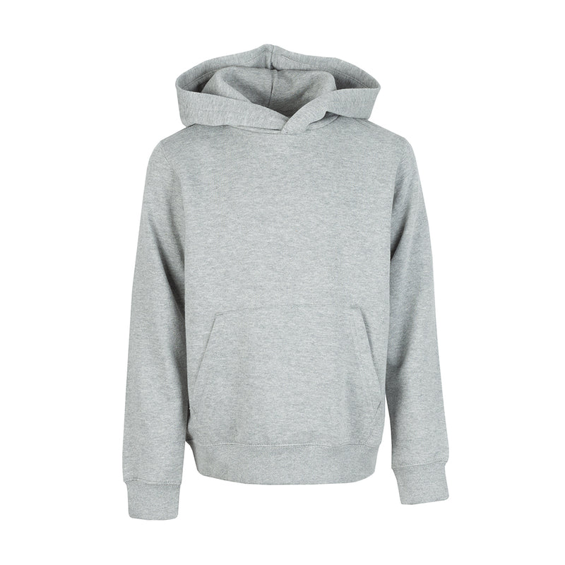 Heather grey youth fleece pullover hoodie with hood and front pocket