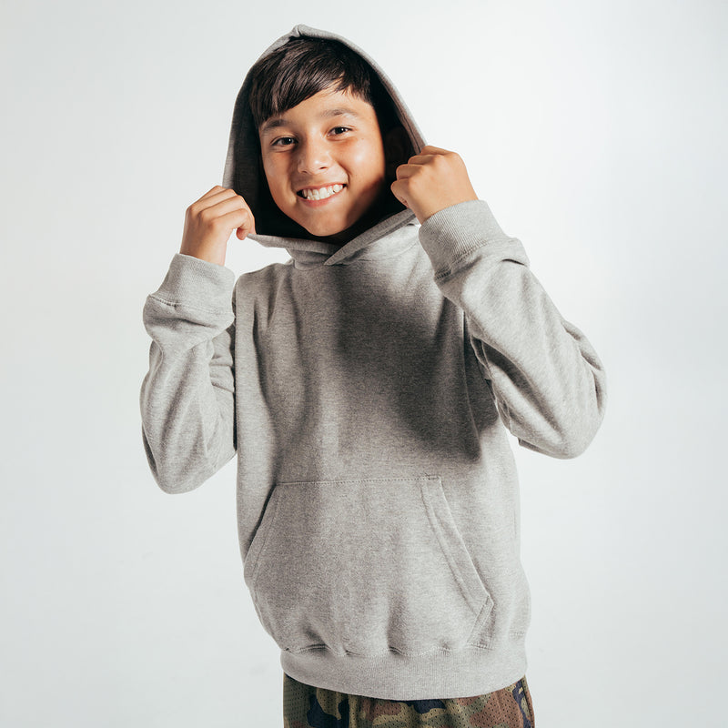 Heather grey youth fleece hoodie on model, hood up and front pocket visible