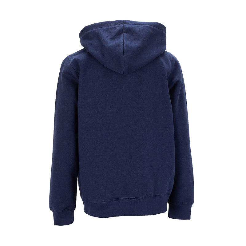 Youth navy fleece pullover hoodie, back view with hood