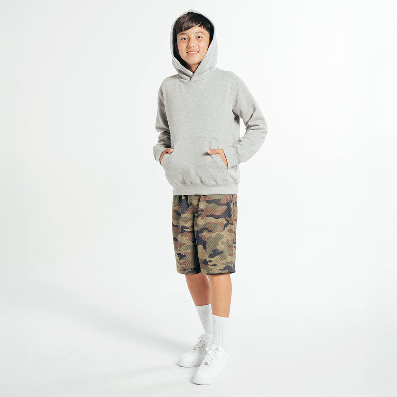 Heather grey youth fleece pullover hoodie, full garment view with hood