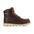Men's moc-toe work boot, dark brown leather, lace-up with yellow laces and tan sole