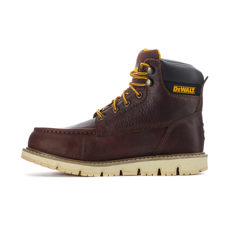 Men's moc-toe work boot side view, dark brown leather, yellow laces, DEWALT logo, tan sole
