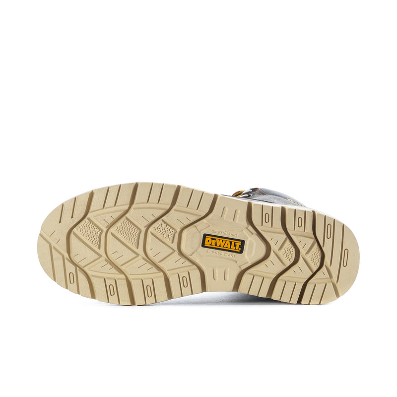 Men's moc-toe work boot outsole, tan tread with DEWALT logo on heel panel