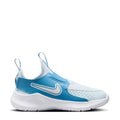Kids slip-on running shoes in light blue and white with Swoosh logo