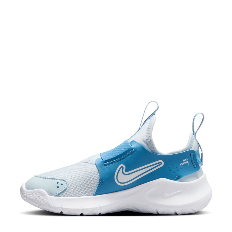 Kids knit running shoes, light blue and white, mesh upper with Swoosh