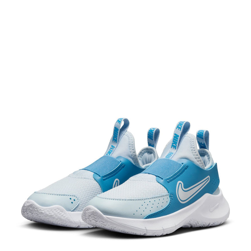 Kids running shoes in light blue and white, cushioned collar and strap