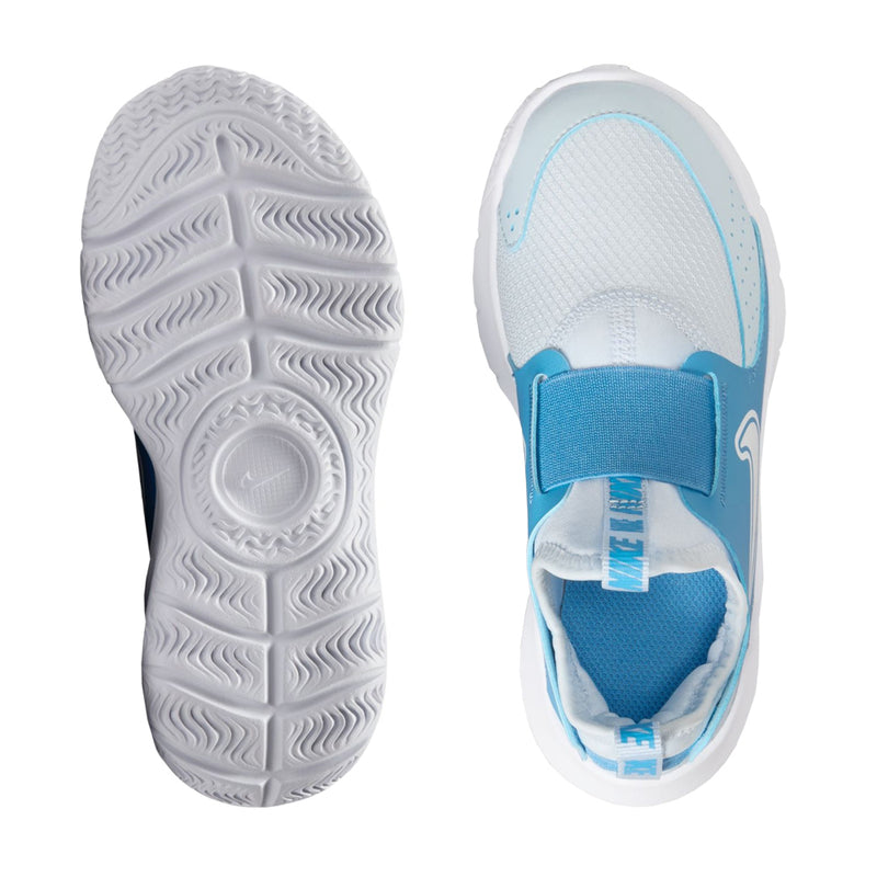Kids shoe outsole and toe view, white tread with light blue heel panel