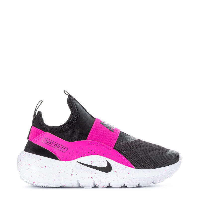 Kids slip-on running shoe in black with laser fuchsia strap and white speckled sole.