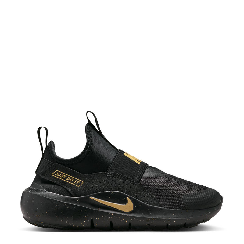 Kids' black slip-on running shoe with metallic gold swoosh and speckled sole